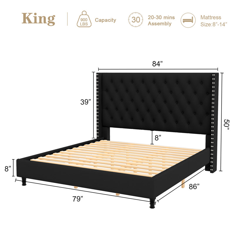 Bonnette Upholstered Wingback Bed, King, Black