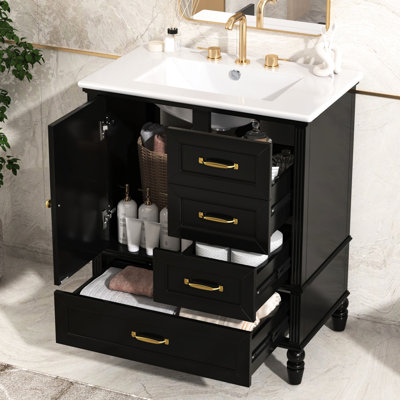 Meuble-lavabo de 30 po avec lavabo, bois, tiroirs à fermeture en douceur, fonctionnement silencieux, look rétro, autoportant, noir