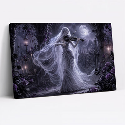 Barefoot Violinist in Moonlit Garden with Purple Halloween Canvas Wall Art