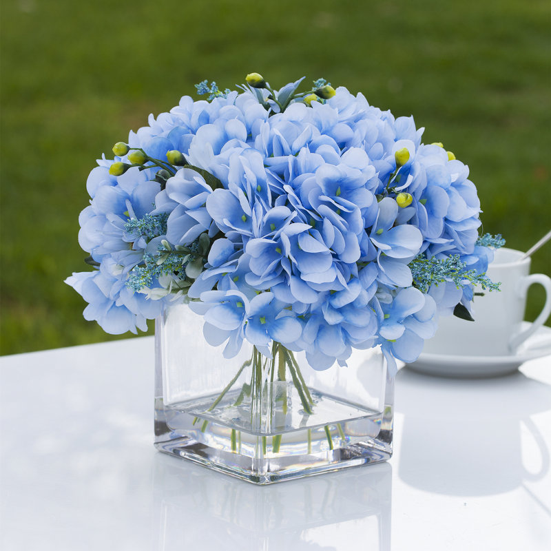 Faux Silk Hydrangea Arrangement in Vase, Blue