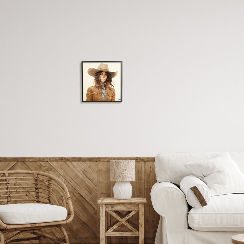 «Boho Cowgirl on Beige» par RB, impression sur toile, H 12 po x l 12 po, Giclée encadrée noir minuit