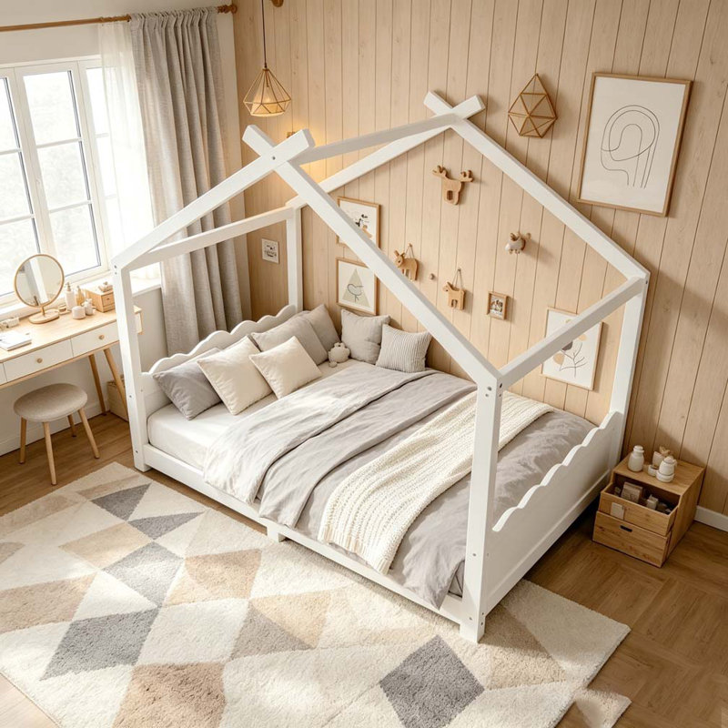 House Floor Bed with Support Slats, Solid Wood House Bed Frame for Kids, No Box Spring Needed and Opening Constructure, Twin