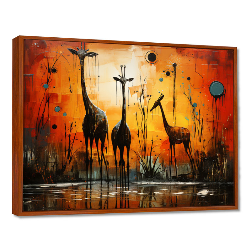 Trois girafes, savane africaine, girafe, art mural, H 30 po x l 40 po, Toile brune avec cadre flottant