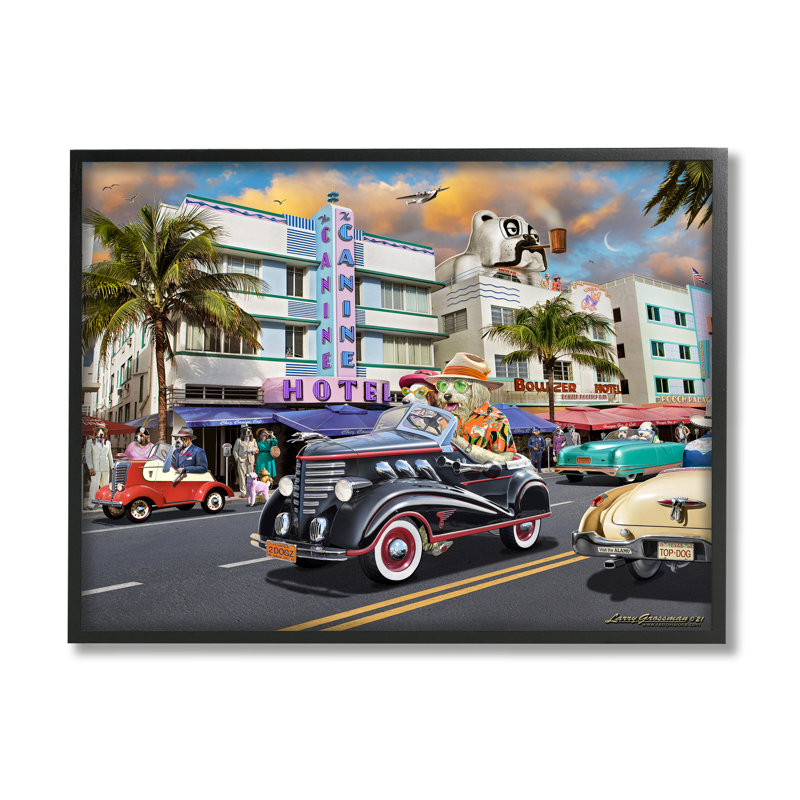 Az-040-encadré Dog Days Miami par Larry Grossman, H 16 po x l 20 po x P 1,5 po, Cadre noir