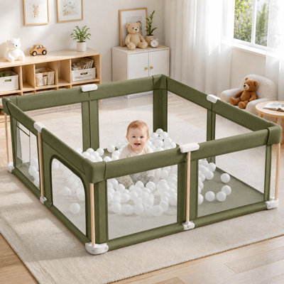 71"×59" Foldable Baby Playpen with Mat, Large Baby Fence Play Yards for Babies and Toddlers, Play Pen with Breathable Mesh and Anti-Fall Pads Green