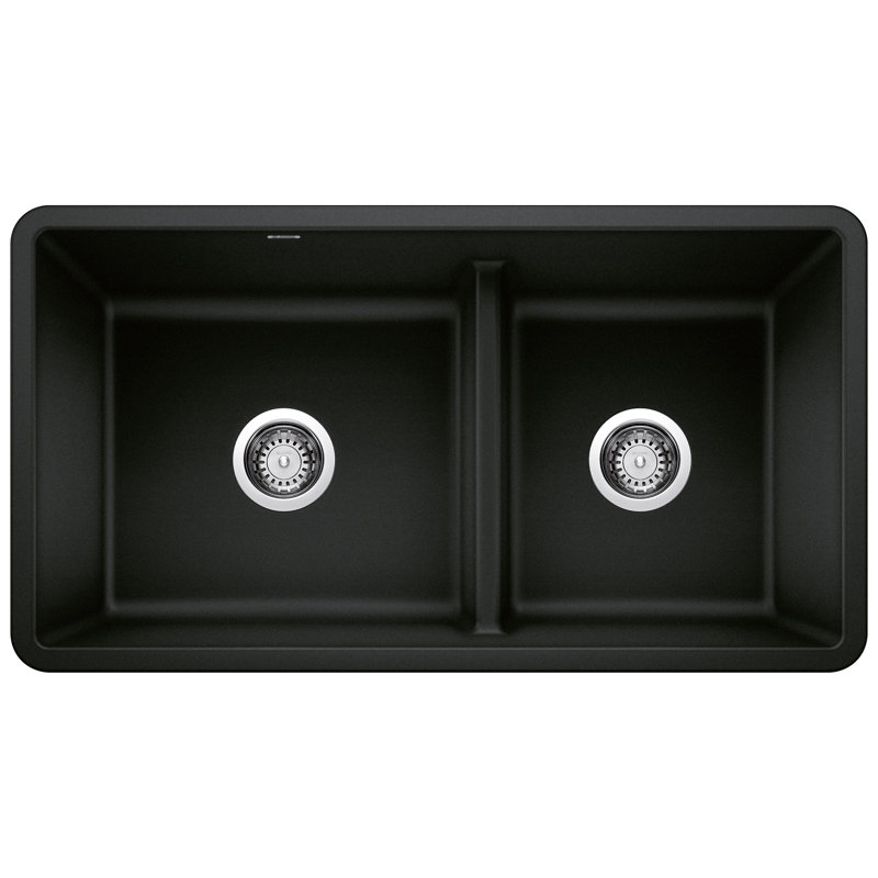 Precis SILGRANIT 33" L x 18" W Double Bowl Undermount Kitchen Sink with Low Divide, Coal Black
