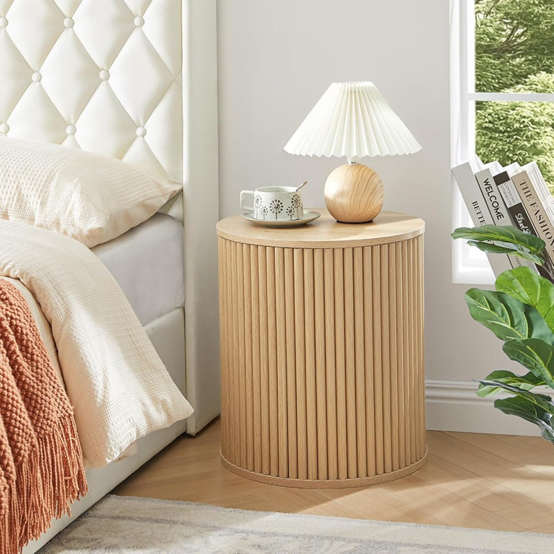 Ensemble de 2 tables de chevet cannelées rondes avec rangement, naturel - ensemble de 2 tables d'appoint / bois / bohème moderne