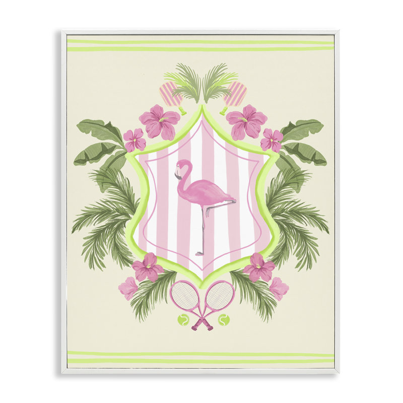  Palm Beach Flamingo Emblem Giclee Art by Kate Eldridge, H 30 po x l 24 po, Estampe numérique encadrée blanc bord de mer