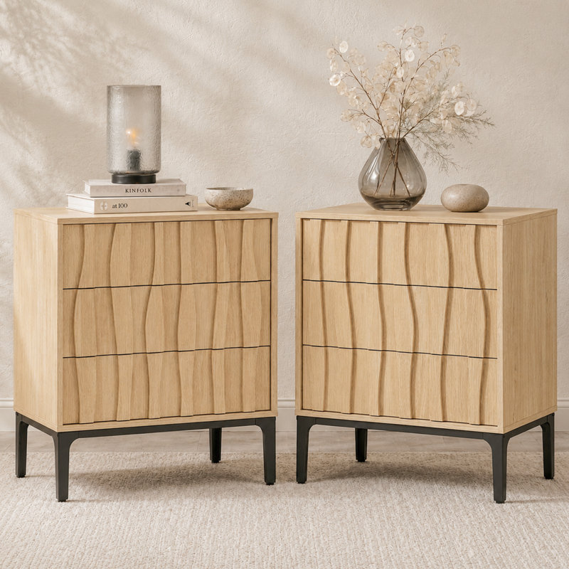 Mid-Century Modern 3-Drawer Nightstand with Sculptural Textured Wood Fronts Set of 2, Light  Maple, Set of 2