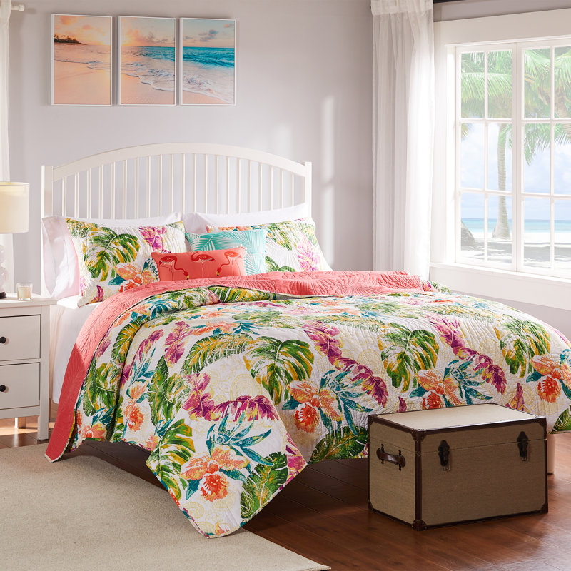 Tropics Aulne Reversible Quilt Set, Queen Quilt + 2 Standard Shams, Punch Floral