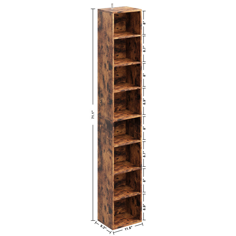 Bibliothèque étroite à 8 couches de conception étroite avec tablettes réglables ouvertes et porte-cubes, Brun