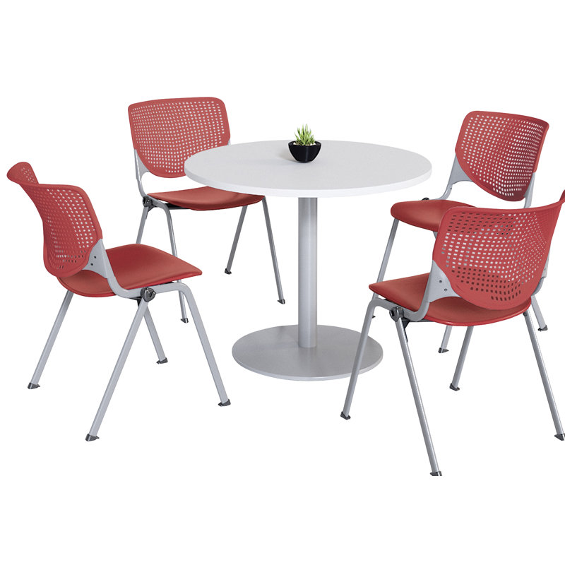 Mode Round Breakroom Table Set With 4 Kool Stacking Chairs, 29" H x 36" L x 36" W, White/Coral