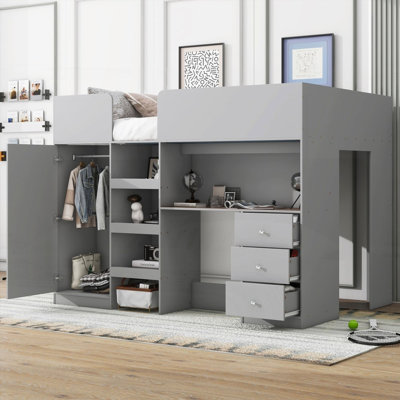 Full Size Grey Loft Bed with Built-in Wardrobe, Desk &amp; Storage - No Box Spring Needed &amp; Sturdy