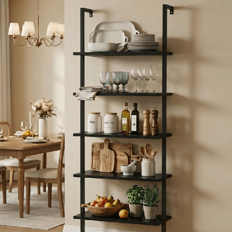 5-Tier Bookshelf Wall Mount Ladder Bookcase Industrial Standing Corner Bookshelf With Wood Board And Metal Frame, Modern Tall Narrow Storage Organizer For Home Office(Set Of 2)