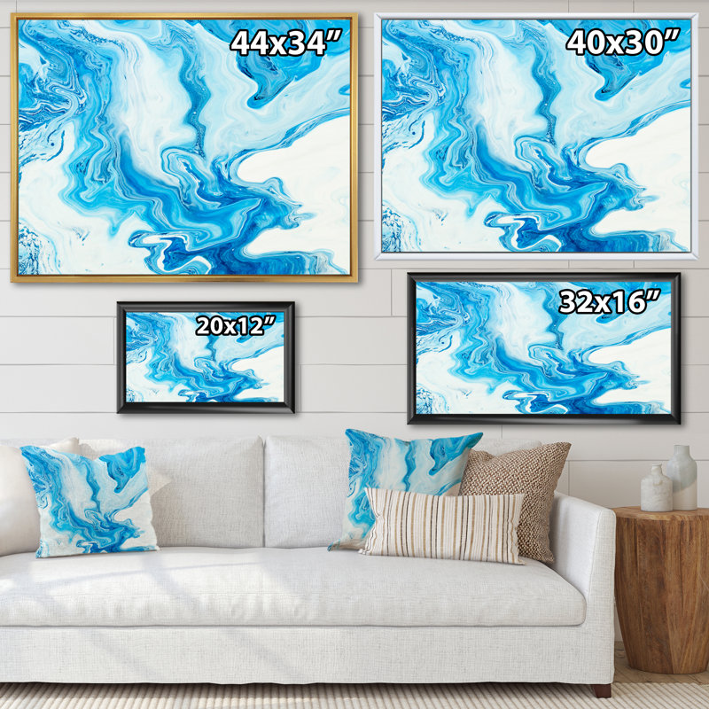 Encre liquide bleue et blanche I, reproduction sur toile, Toile à cadre flottant doré, H 24 po x l 32 po