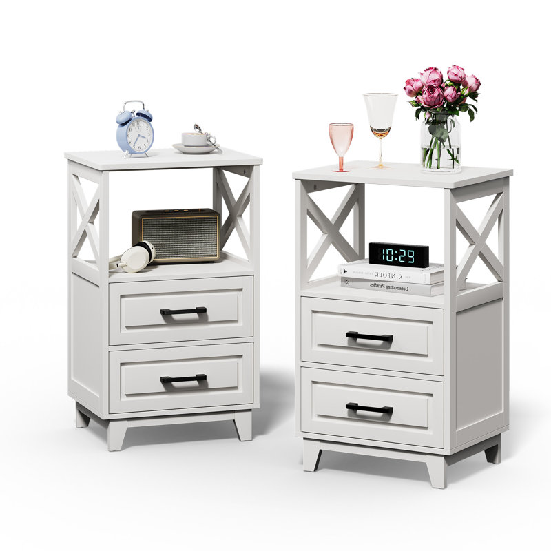 Table de chevet 2 tiroirs Marnae, Ensemble de 2, Blanc