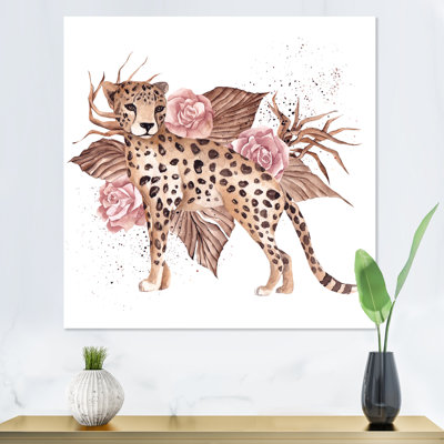18_Léopard avec fleurs tropicales roses - reproduction d'art sur toile traditionnelle