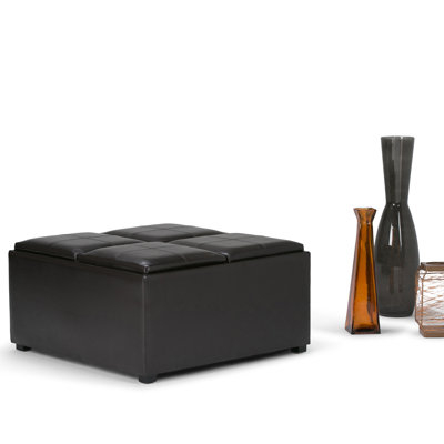 Avalon 35"W Upholstered Vegan Leather Modern Square Coffee Table Storage Ottoman with 4 Flip-Over Trays