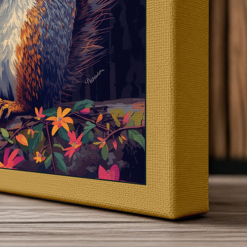 Squirrel Among Flowers Boho - Wrapped Canvas, 18x12 - 45.7 x 30.5 cm, Ochre Border
