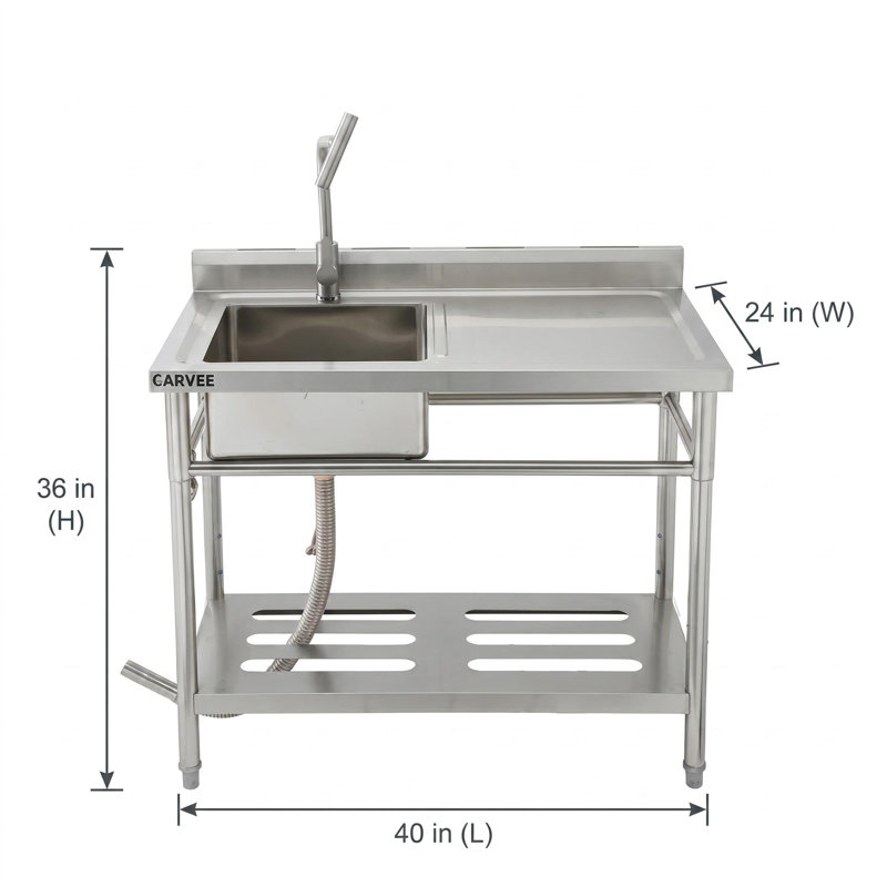 Évier utilitaire autoportant en acier inoxydable de 40 po x 24 po x 36 po - Robinet escamotable chaud et froid, évier à lessive de grande capacité avec tablette de rangement et ensemble de bonde - Pour le garage, la cuisine, la cour arrière et l'utilisation commerciale