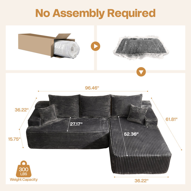 Canapé modulaire rembourré de 96,46 po de largeur avec siège très profond et 2 coussins, pour un salon, une chambre à coucher ou un appartement