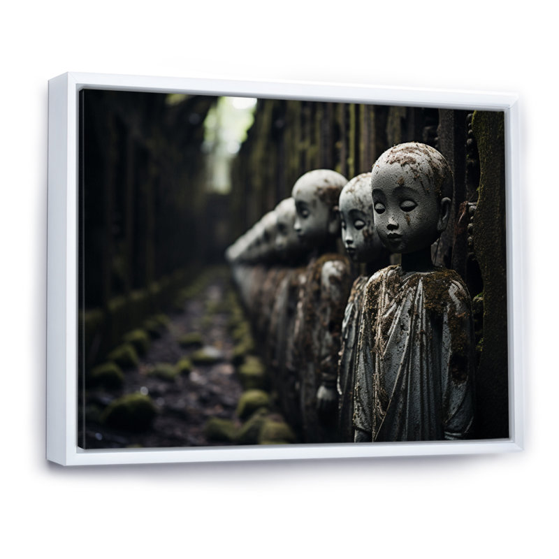 «Japon Art Jizos Guardianship I», reproduction sur toile, H 16 po x l 32 po, Cadre flottant blanc