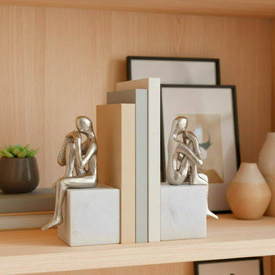Modern Sitting Figurines with Leg Up Bookends on Marble Base - Decorative Home Decor Bookends for Office Desk or Bookshelf Accent - Set of 2