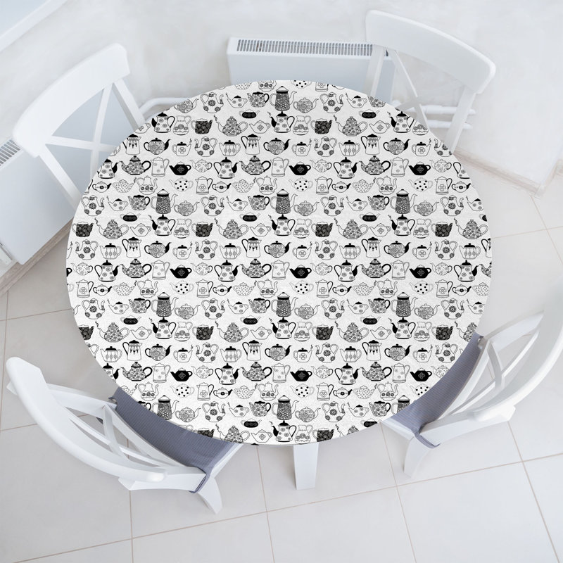 Ambesonne Tea Party Fitted Round Tablecloth Black White, 51.97" Round