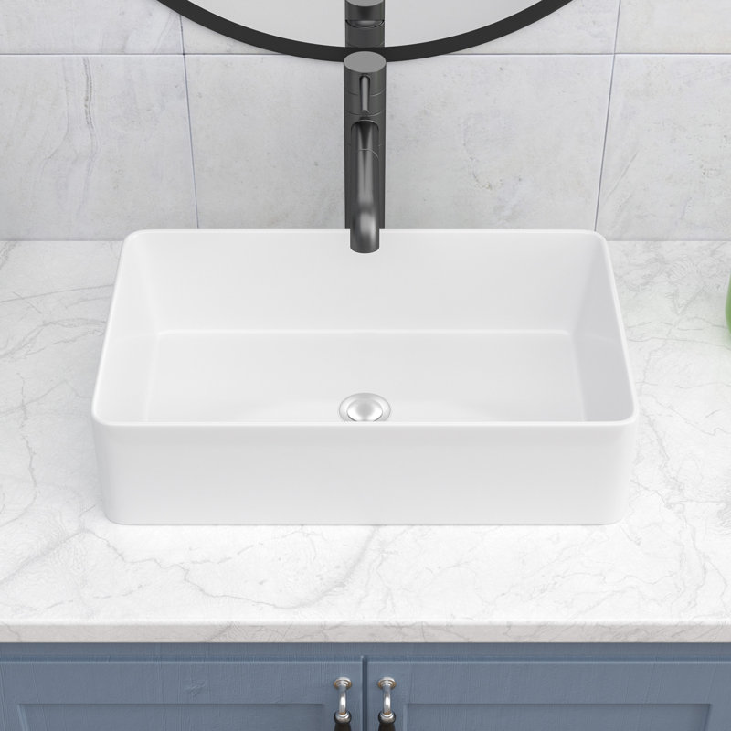 Glossy White Ceramic Rectangular Bathroom Sink