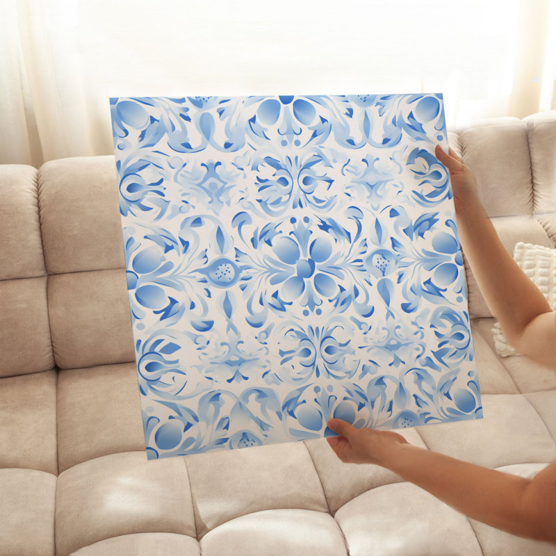 Abstract Blue Damask Pattern V Classical Unframed Art Print, 16" H x 16" W
