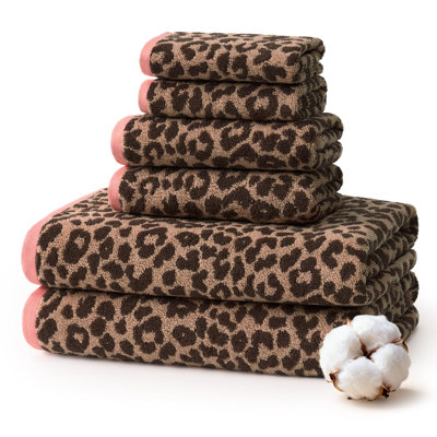 Leopard Print Towel Set of 6,100% Cotton Bathroom Towels,Quick Dry & Absorbent,2 Bath Towel, 2 Hand Towel, 2 Washcloth-Brown