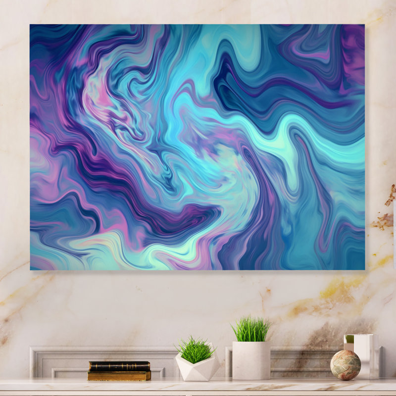Fusion de marbre turquoise mauve I - impression sur métal, H 24 po x l 32 po