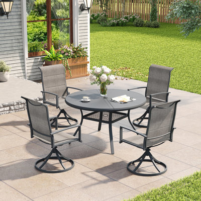 Aluminum Patio Dining Set with 4-person Round Dining Table and 4 Swivel PVC-coated polyester  Padded Dining Chairs