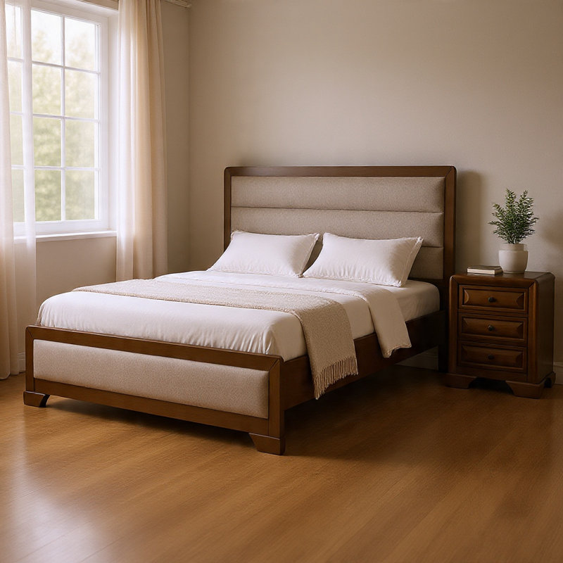 Ensemble de chambre à coucher grand lit, brun, bronze, bois gris clair, ensemble de 2 pièces avec table de chevet