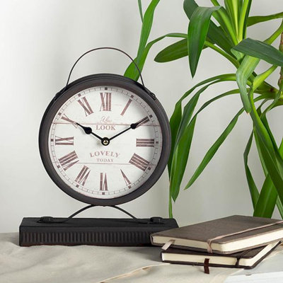 Roman Numeral Stainless Steel Mechanical Tabletop Clock in Black