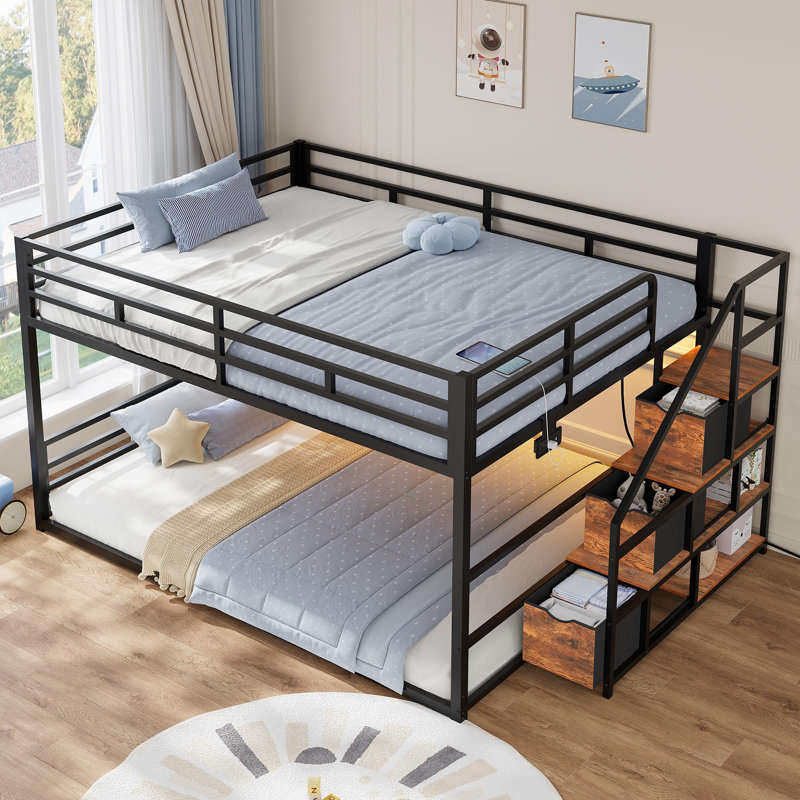 Twin Over Twin Low Bunk Bed With Storage Staircase, Drawers And Shelves, Led Lights, Power Outlet, Full-length Guardrail, For Small Space