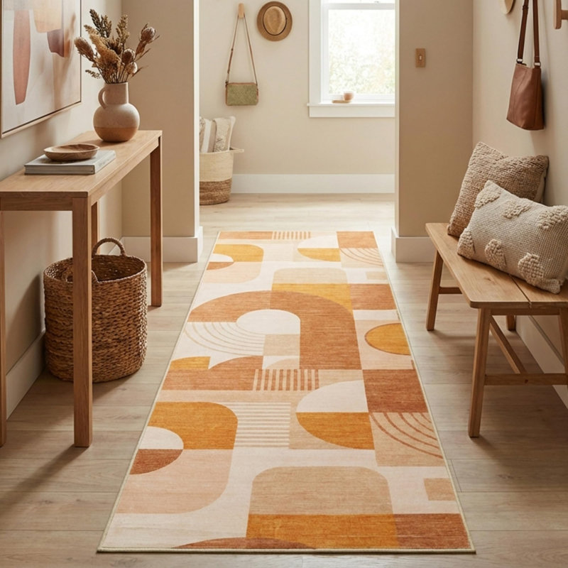 Runner Rug, Soft Modern Abstract Washable 2x6 Rugs for Hallways Kitchen Bedroom Entryway Non Slip Carpet Long Indoor Rug Runners, Orange/Pink, 2'x6'