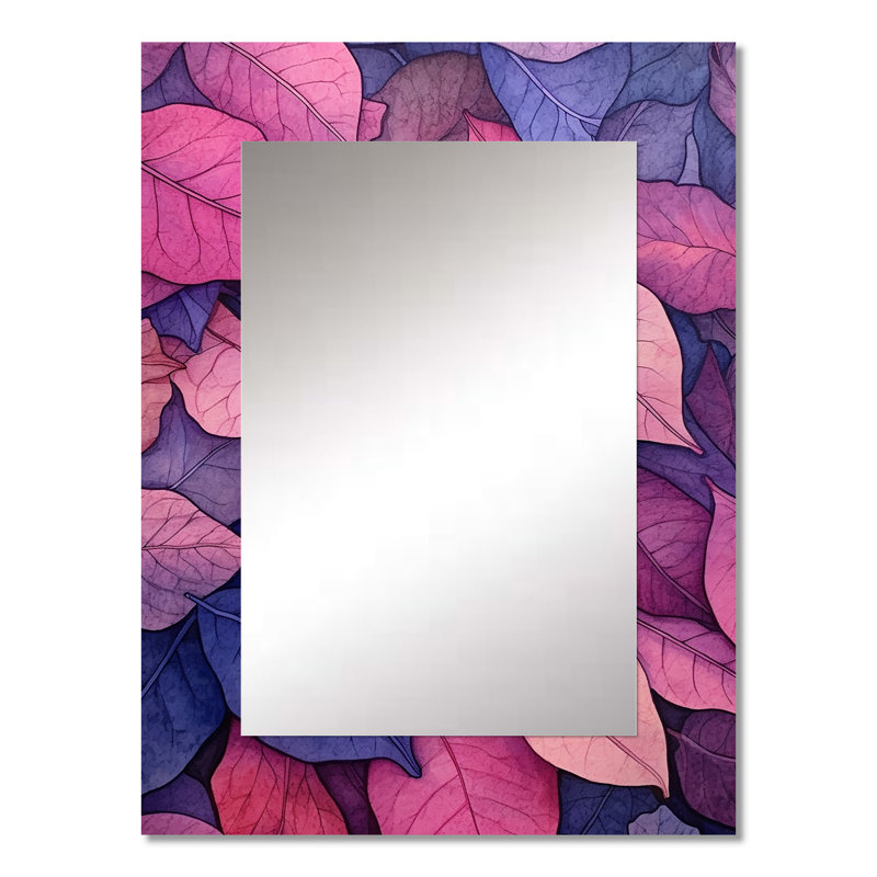 «Pink Blue Leafs» Harmony II - miroir mural décoratif floral, miroir traditionnel, impression d'art en métal, 32 po x 24 po