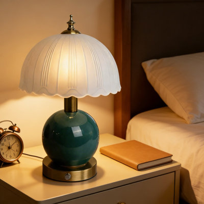 Rechargeable Touch Desk Lamp With Stepless Dimming, Vintage Ceramic Base And Frosted Glass Shade For Bedroom, Living Room, Or Office