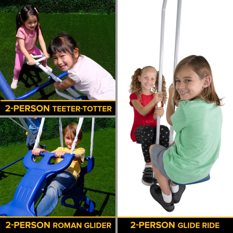 Blue and White Metal Swing Set with Slide and Swings