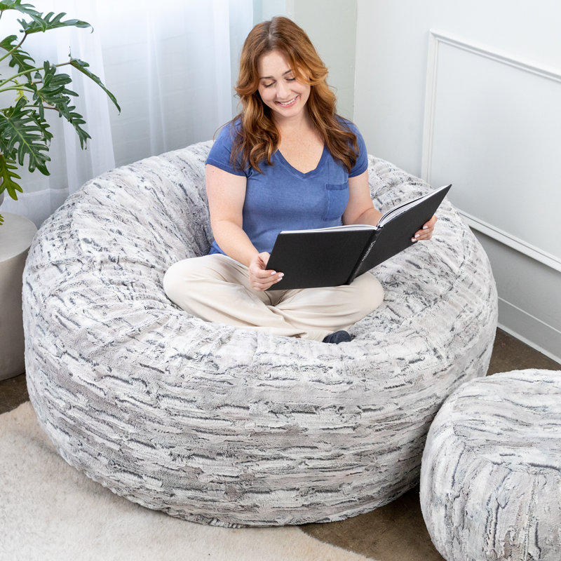 Metro Sac 5 Foot Bean Bag Chair For Adults - Luxe Fur, Silver Faux Fur