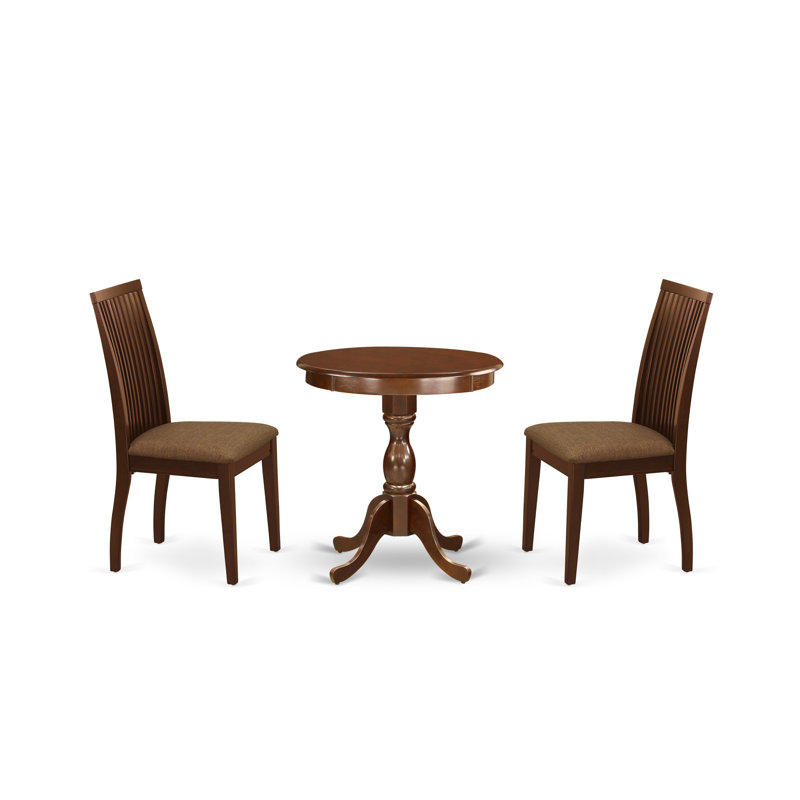 3 Piece Modern Dining Table Set Contains a Round Wooden Table with Pedestal and 2 Linen Fabric Upholstered Dining Chairs, Mahogany