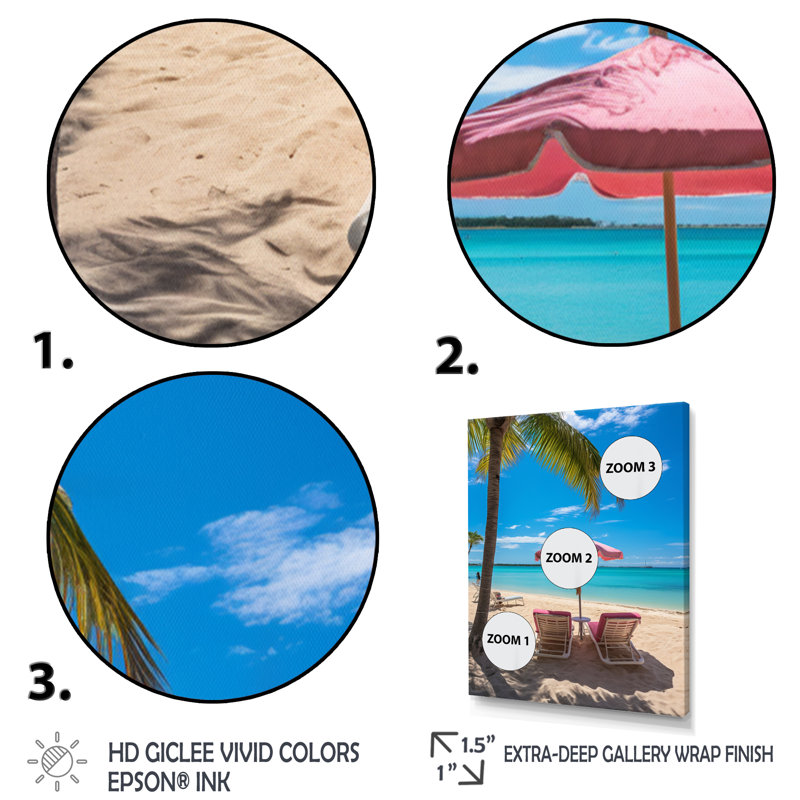 Chaises de plage rose plage - impressions sur toile nautiques et de plage, L 12 po x H 20 po, Cadre flottant noir