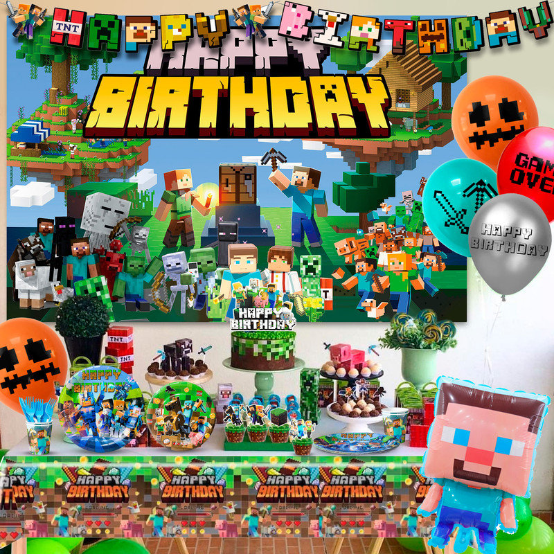 Articles de décoration de fête d'anniversaire Minecraft, 113 pièces de jeux de fête
