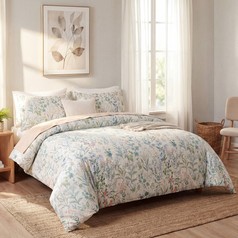 Ensemble d'édredon à motif floral vert 100% coton 3 pièces Ensembles de literie rétro réversible doux et léger pour toutes saisons