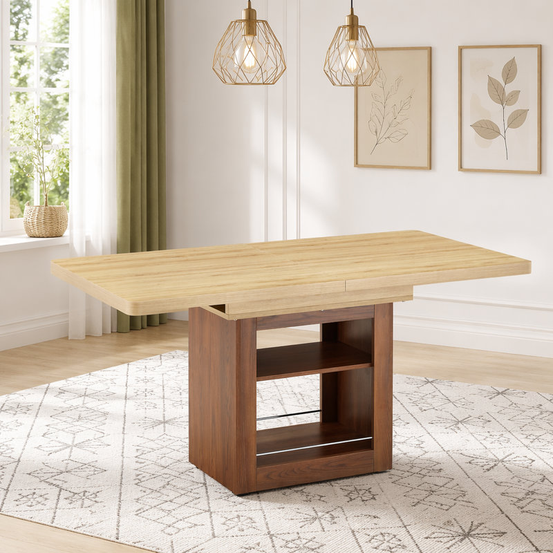 Une table de salle à manger extensible avec espace de rangement, une table de salle à manger extensible de 59 à 71 pouces. Table à tirer rectangulaire avec structure en panneau de fibres à densité moyenne robuste de couleur noyer, pouvant accueillir 4 à 8 personnes.