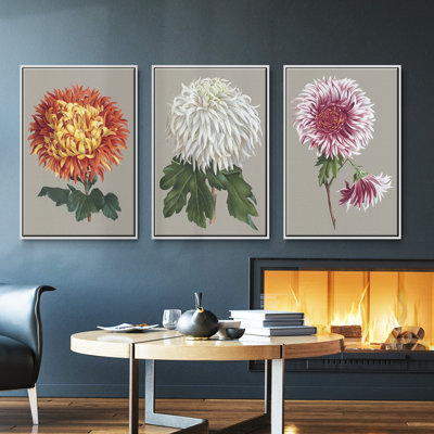 Chrysanthème sur fond gris I 3 pièces