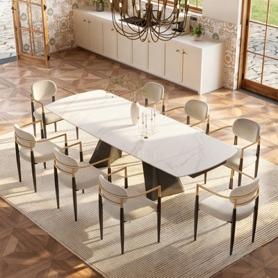 Extendable Sintered Stone Dining Table Set – Seats 6-10, Soft Cream Chairs with Gold Accents