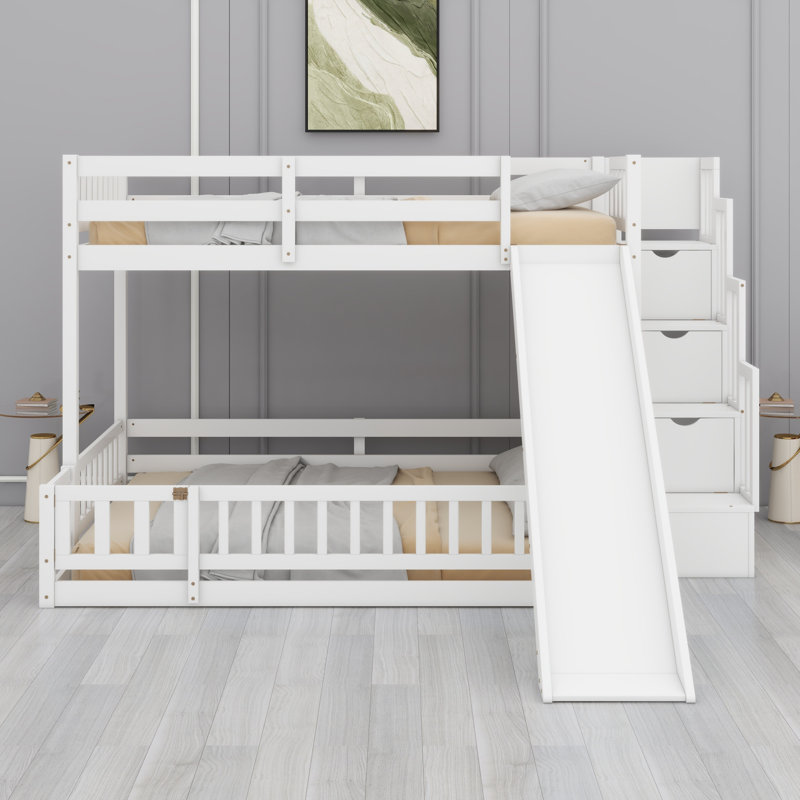 Lit superposé avec glissade, escalier de rangement et garde-corps de sécurité, Blanc