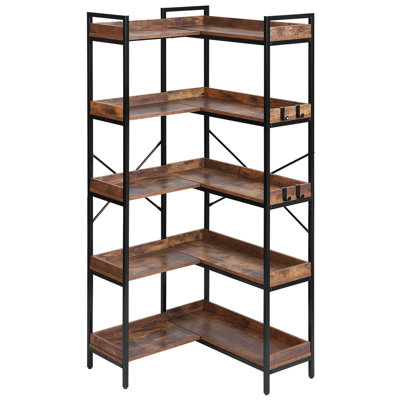 5 Tier Corner Bookshelf Tall Corner Bookcase With 4 Hooks L-Shaped Storage